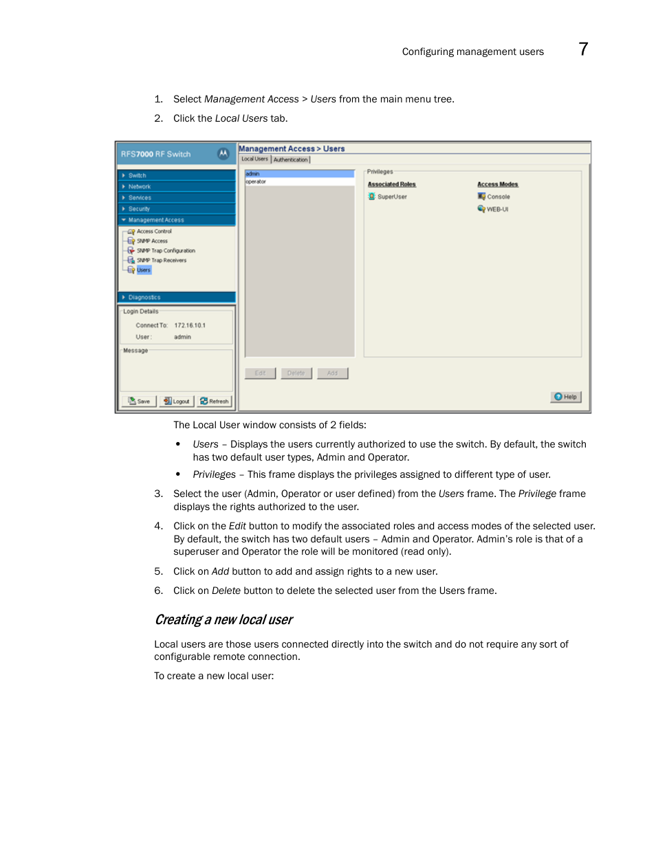 Creating a new local user | Brocade Mobility RFS7000-GR Controller System Reference Guide (Supporting software release 4.1.0.0-040GR and later) User Manual | Page 471 / 556