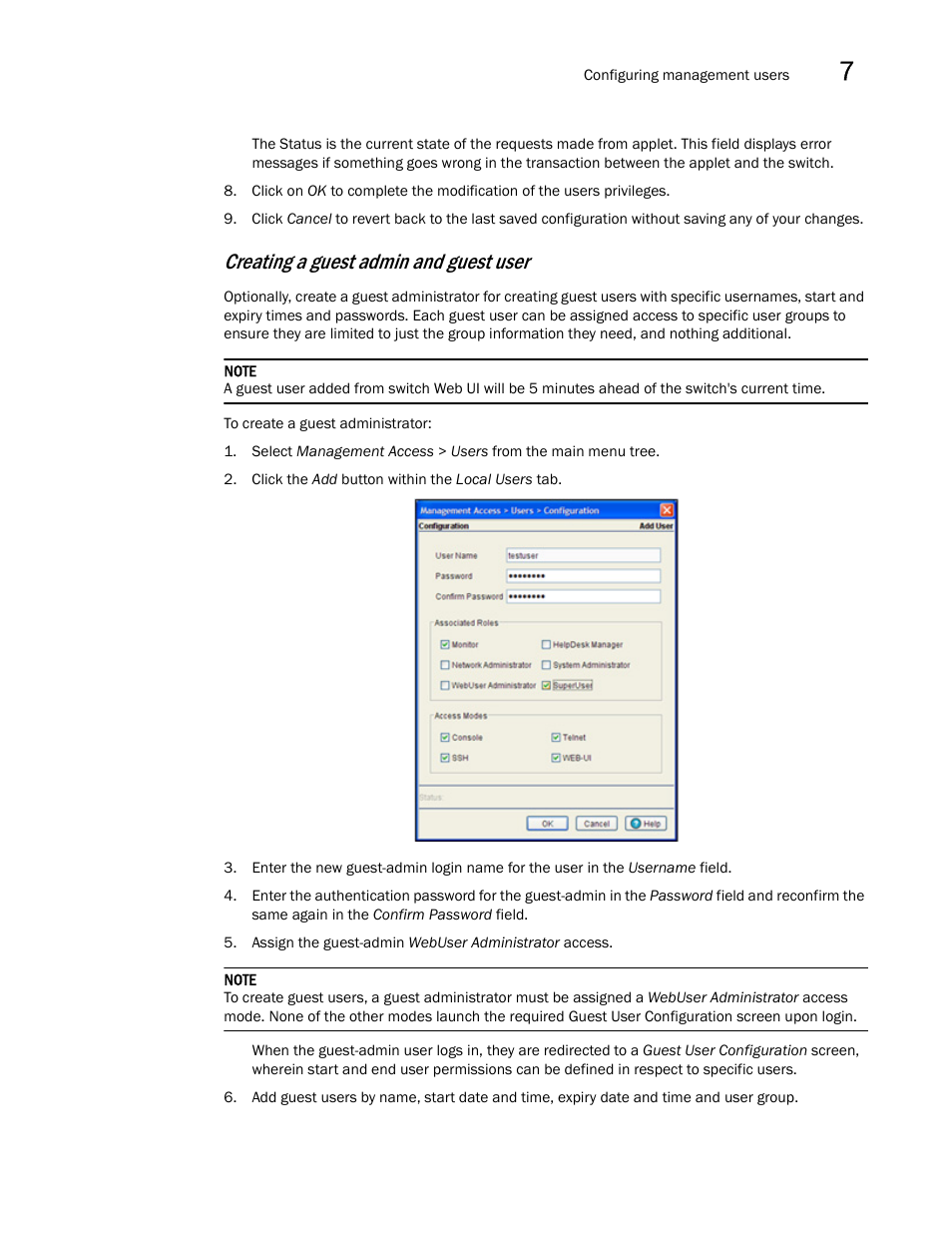 Creating a, Guest admin and guest user, Creating a guest admin and guest user | Brocade Mobility RFS7000-GR Controller System Reference Guide (Supporting software release 4.1.0.0-040GR and later) User Manual | Page 475 / 556