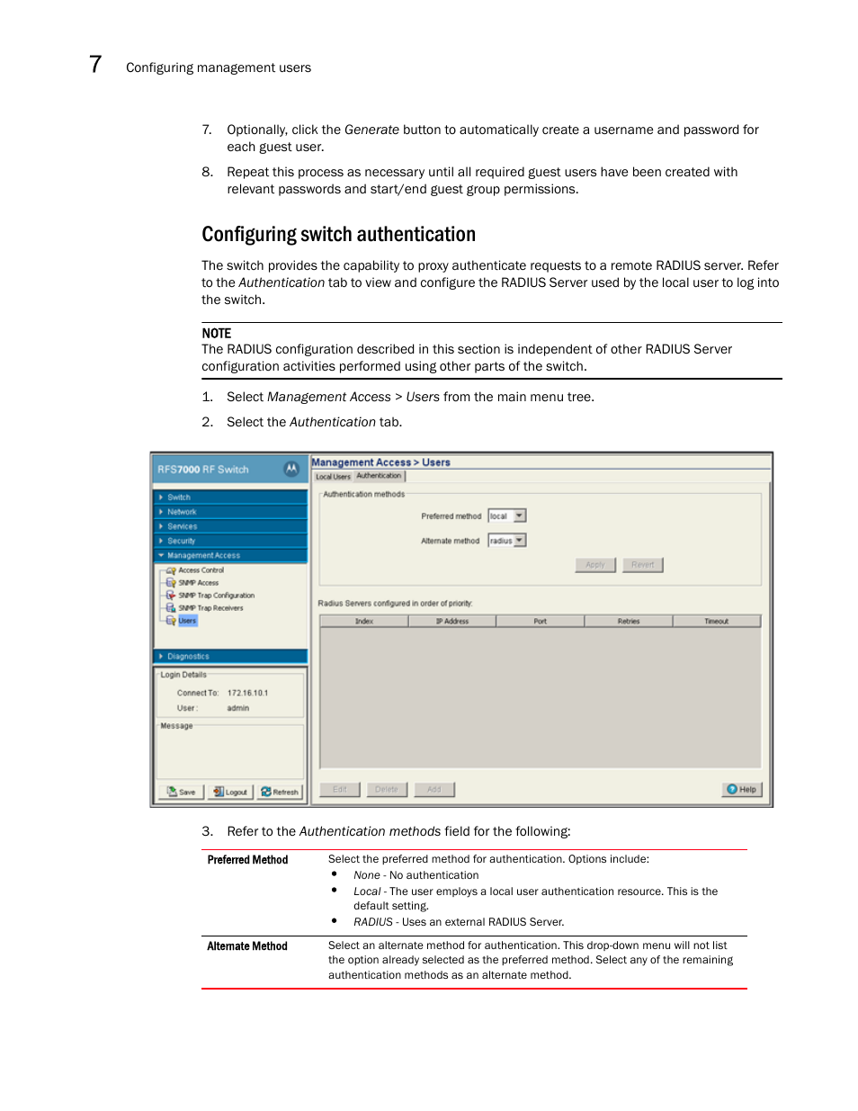 Configuring switch authentication | Brocade Mobility RFS7000-GR Controller System Reference Guide (Supporting software release 4.1.0.0-040GR and later) User Manual | Page 476 / 556