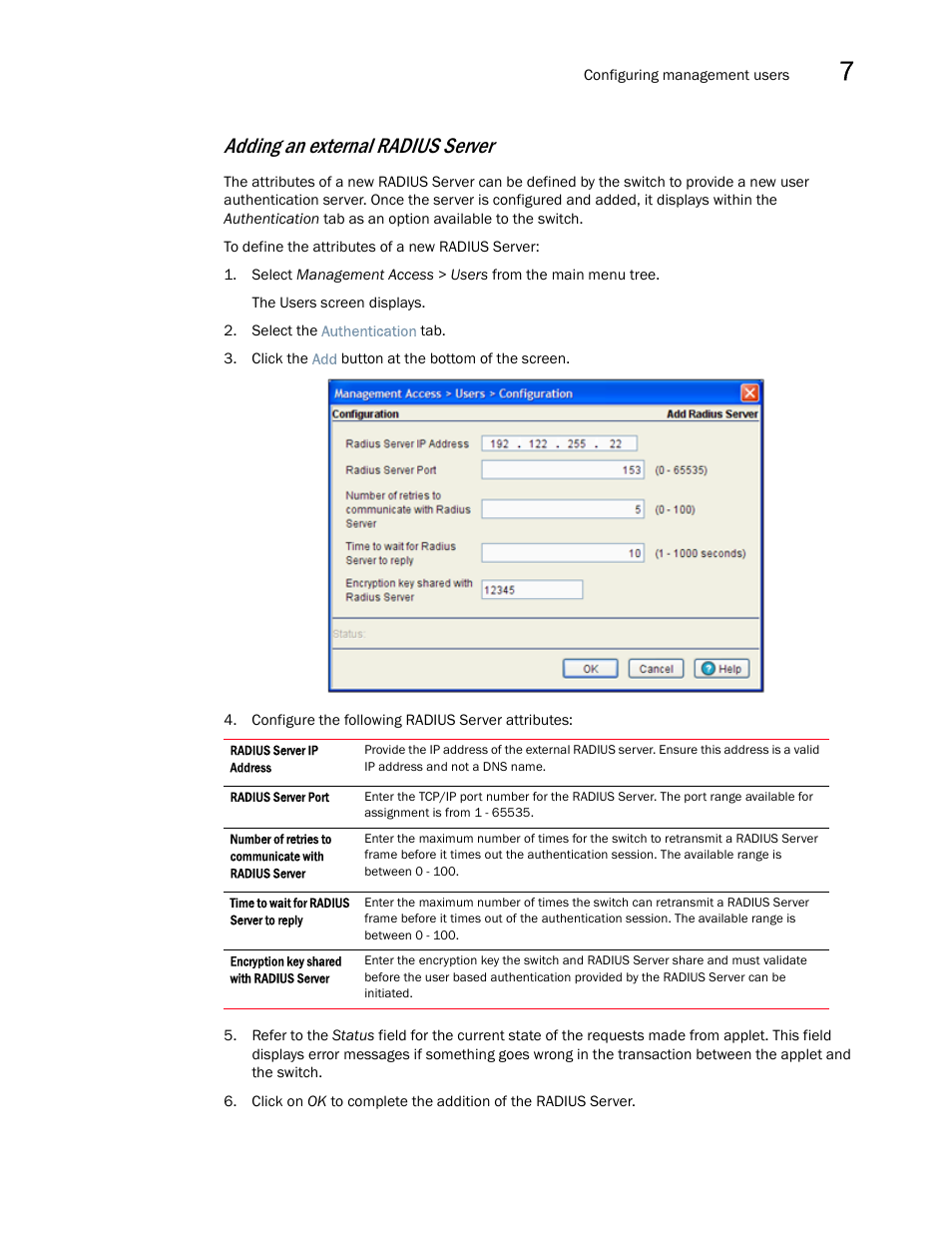 Adding an external radius server | Brocade Mobility RFS7000-GR Controller System Reference Guide (Supporting software release 4.1.0.0-040GR and later) User Manual | Page 479 / 556