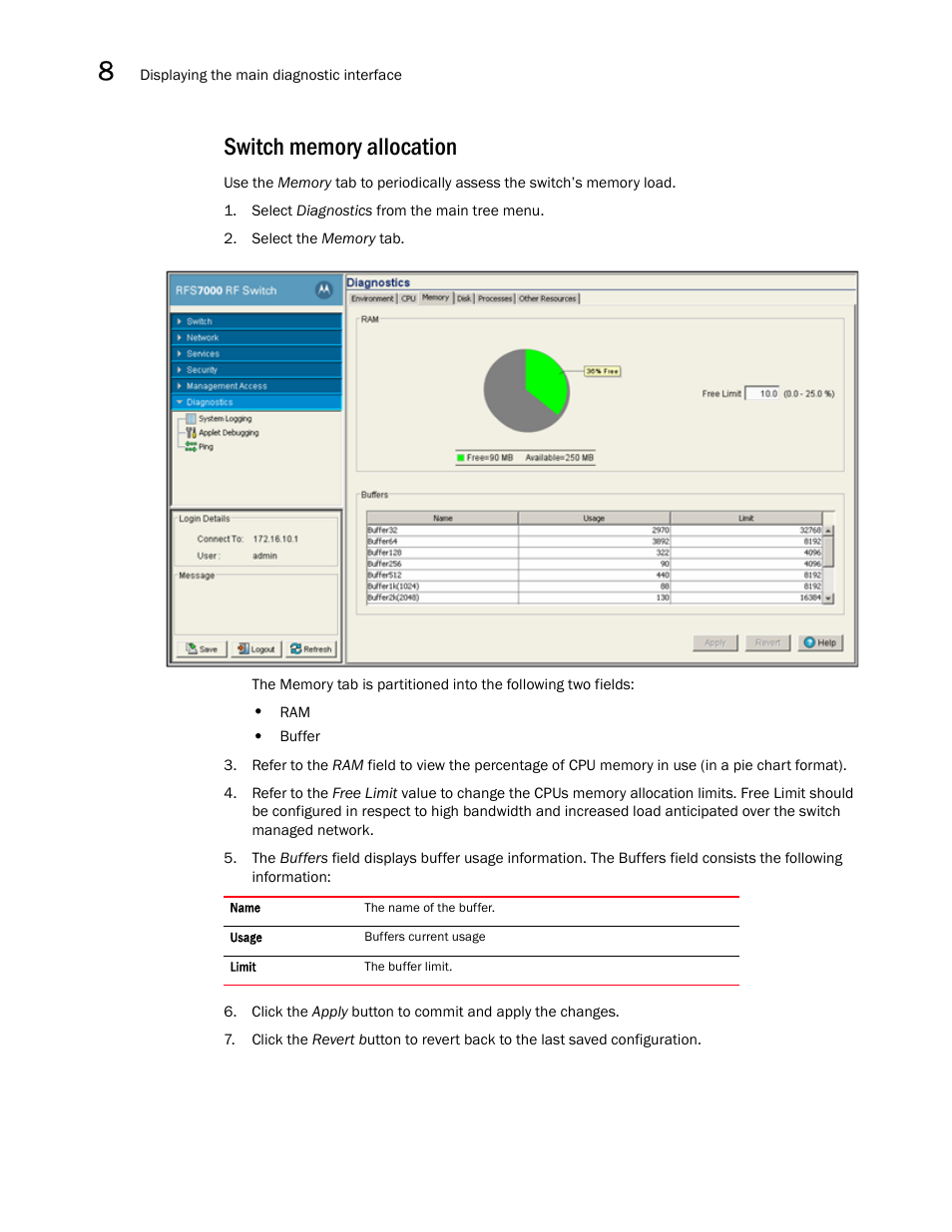 Switch memory allocation | Brocade Mobility RFS7000-GR Controller System Reference Guide (Supporting software release 4.1.0.0-040GR and later) User Manual | Page 484 / 556