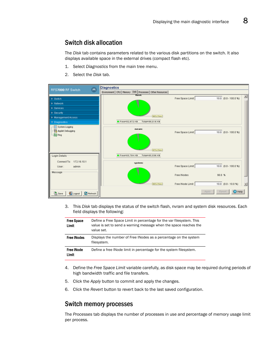 Switch disk allocation, Switch memory processes, Switch disk allocation switch memory processes | Brocade Mobility RFS7000-GR Controller System Reference Guide (Supporting software release 4.1.0.0-040GR and later) User Manual | Page 485 / 556