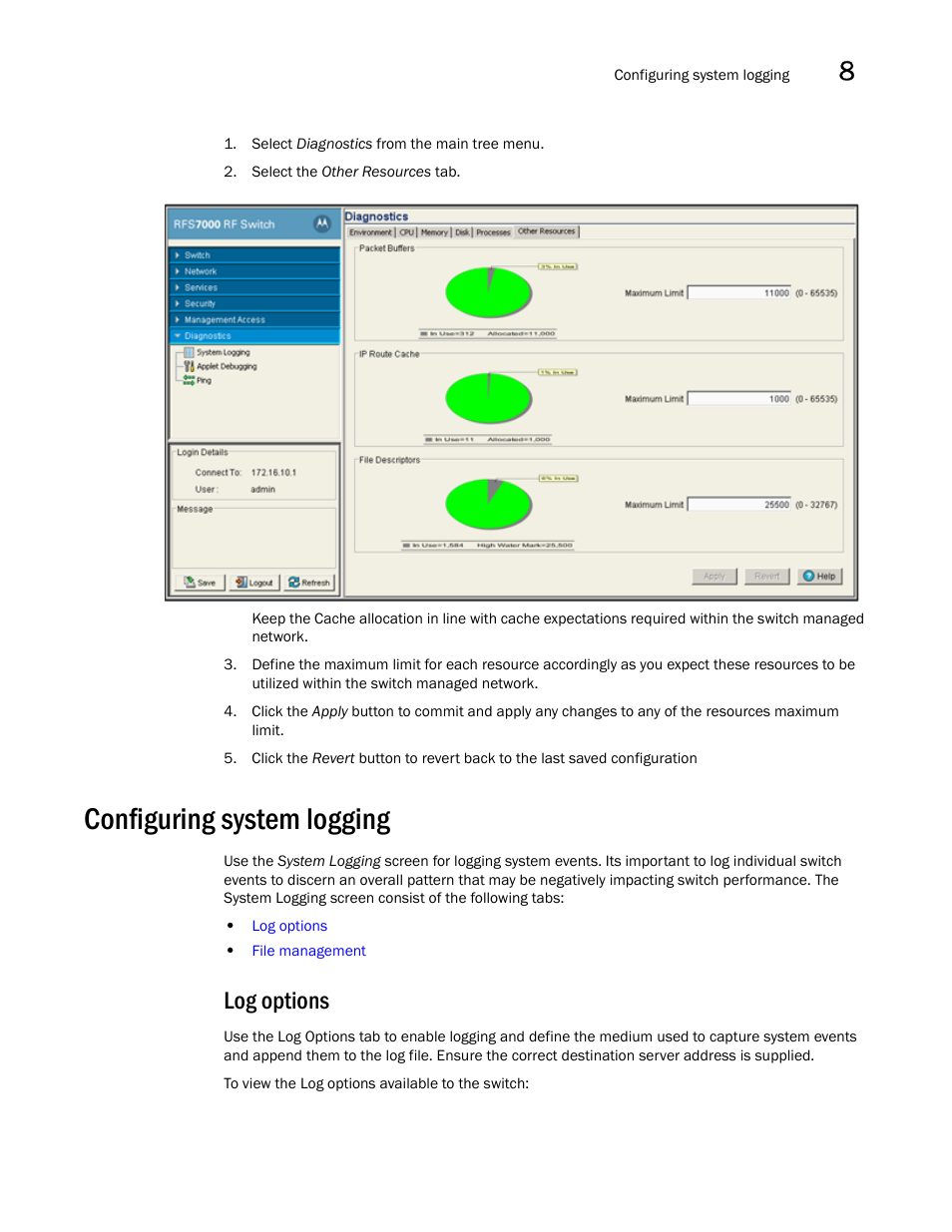 Configuring system logging, Log options | Brocade Mobility RFS7000-GR Controller System Reference Guide (Supporting software release 4.1.0.0-040GR and later) User Manual | Page 487 / 556