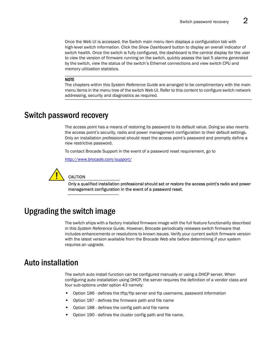 Switch password recovery, Upgrading the switch image, Auto installation | The chapters within this system reference | Brocade Mobility RFS7000-GR Controller System Reference Guide (Supporting software release 4.1.0.0-040GR and later) User Manual | Page 49 / 556