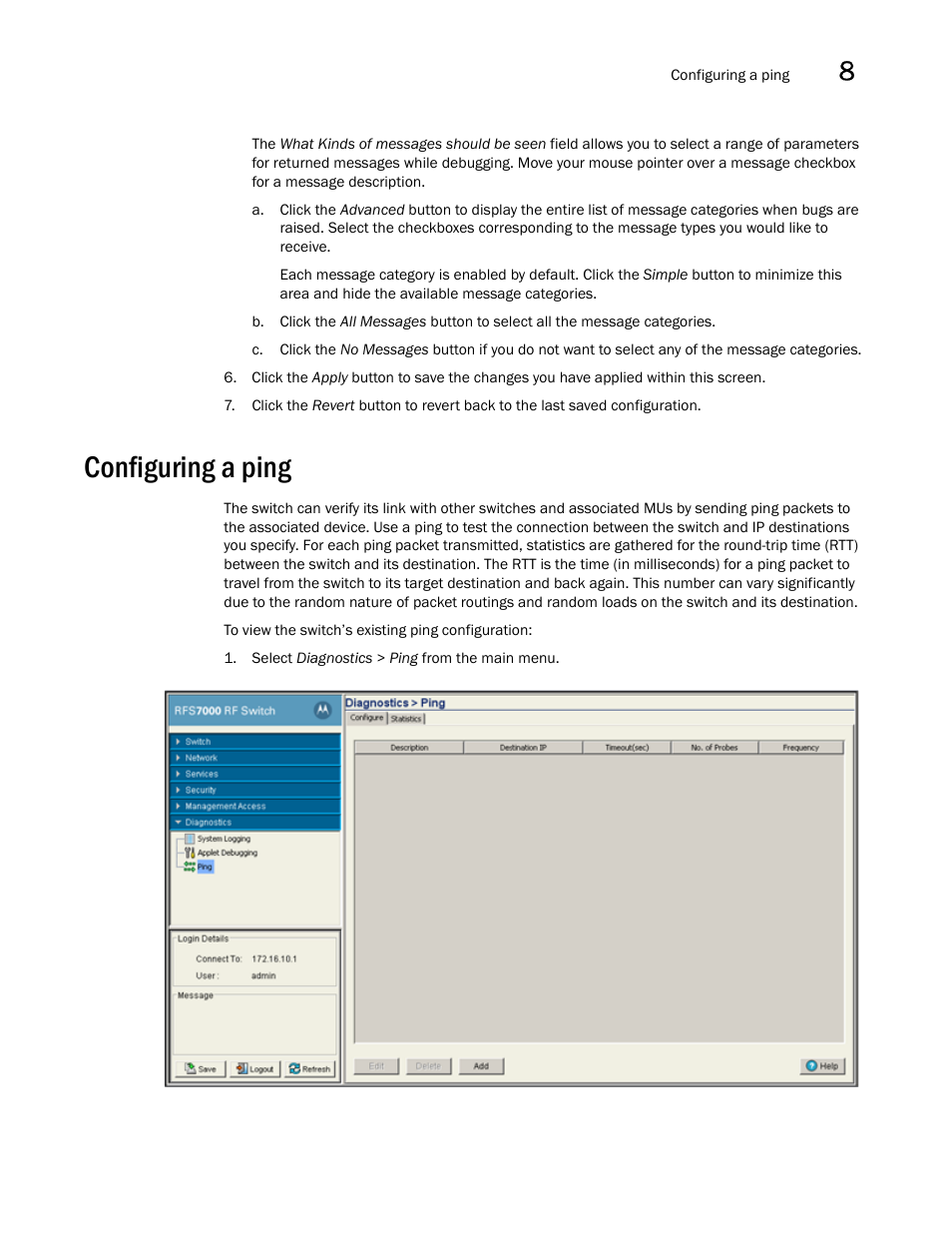 Configuring a ping | Brocade Mobility RFS7000-GR Controller System Reference Guide (Supporting software release 4.1.0.0-040GR and later) User Manual | Page 495 / 556