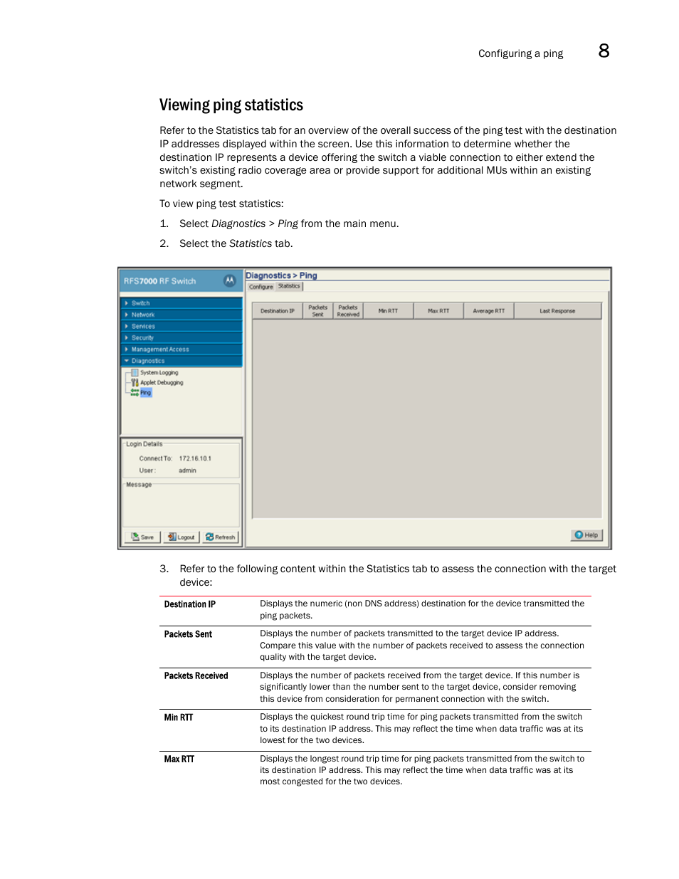 Viewing ping statistics | Brocade Mobility RFS7000-GR Controller System Reference Guide (Supporting software release 4.1.0.0-040GR and later) User Manual | Page 499 / 556