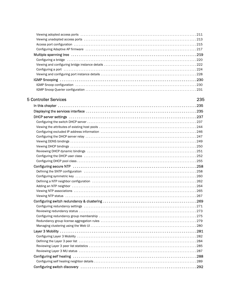 5 controller services 235 | Brocade Mobility RFS7000-GR Controller System Reference Guide (Supporting software release 4.1.0.0-040GR and later) User Manual | Page 5 / 556