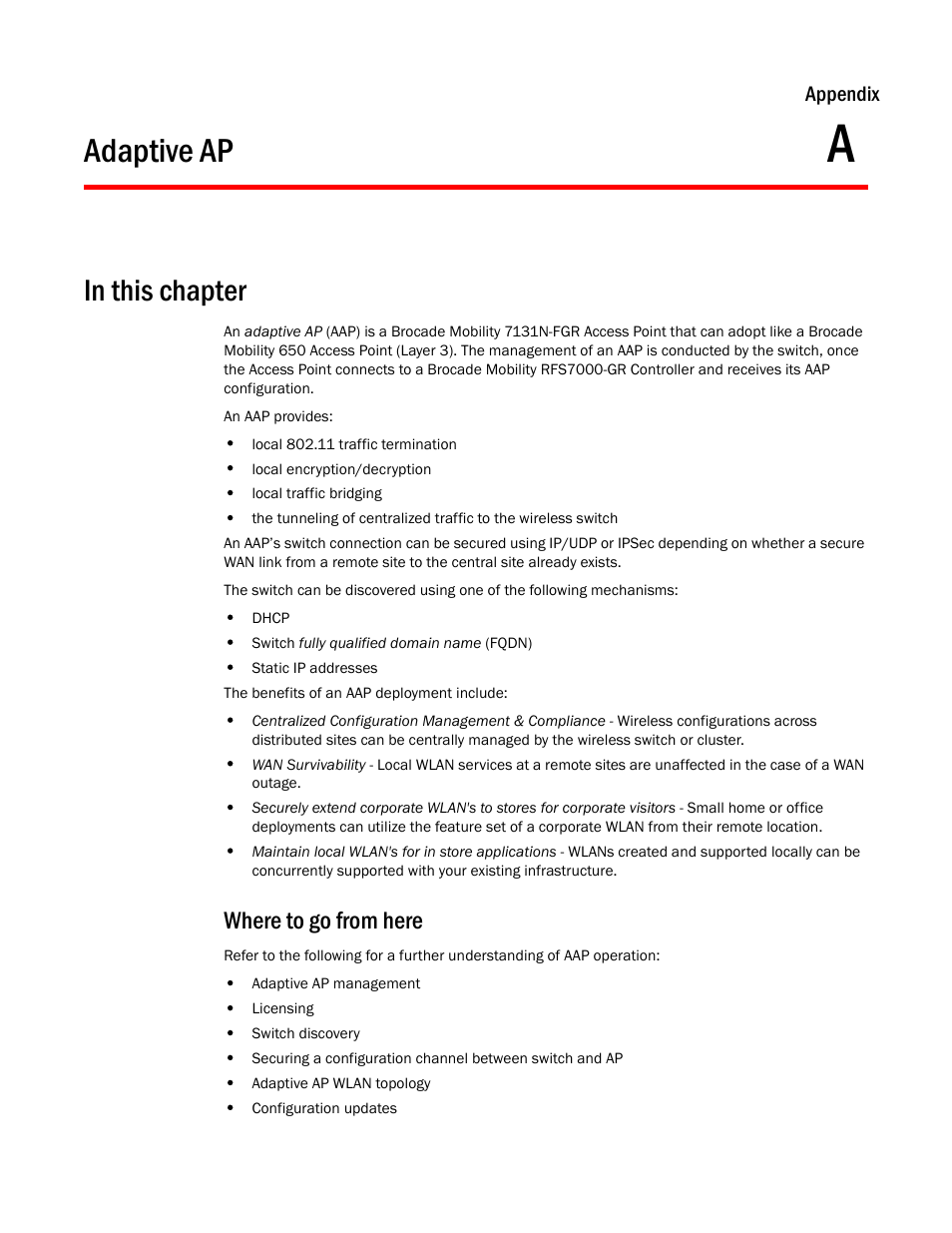 Adaptive ap, In this chapter, Where to go from here | A adaptive ap | Brocade Mobility RFS7000-GR Controller System Reference Guide (Supporting software release 4.1.0.0-040GR and later) User Manual | Page 501 / 556