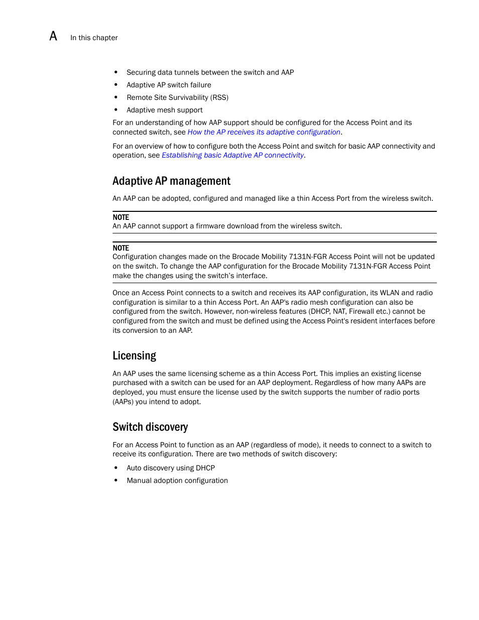 Adaptive ap management, Licensing, Switch discovery | Adaptive ap management licensing switch discovery, Adaptive ap, Management | Brocade Mobility RFS7000-GR Controller System Reference Guide (Supporting software release 4.1.0.0-040GR and later) User Manual | Page 502 / 556