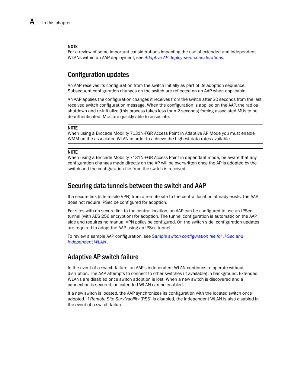 Configuration updates, Securing data tunnels between the switch and aap, Adaptive ap switch failure | Brocade Mobility RFS7000-GR Controller System Reference Guide (Supporting software release 4.1.0.0-040GR and later) User Manual | Page 504 / 556