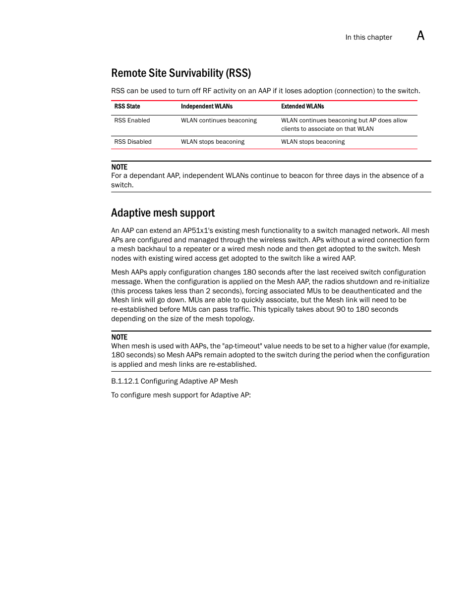 Remote site survivability (rss), Adaptive mesh support | Brocade Mobility RFS7000-GR Controller System Reference Guide (Supporting software release 4.1.0.0-040GR and later) User Manual | Page 505 / 556