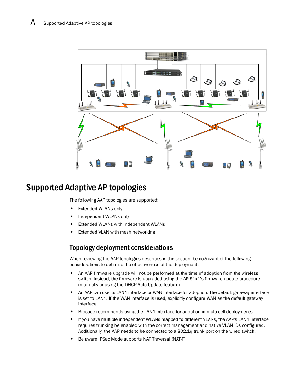 Supported adaptive ap topologies, Topology deployment considerations | Brocade Mobility RFS7000-GR Controller System Reference Guide (Supporting software release 4.1.0.0-040GR and later) User Manual | Page 508 / 556