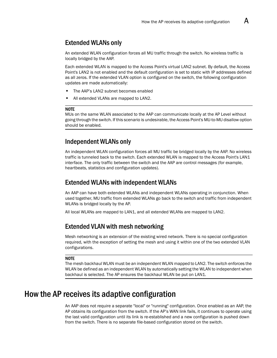 Extended wlans only, Independent wlans only, Extended wlans with independent wlans | Extended vlan with mesh networking, How the ap receives its adaptive configuration | Brocade Mobility RFS7000-GR Controller System Reference Guide (Supporting software release 4.1.0.0-040GR and later) User Manual | Page 509 / 556