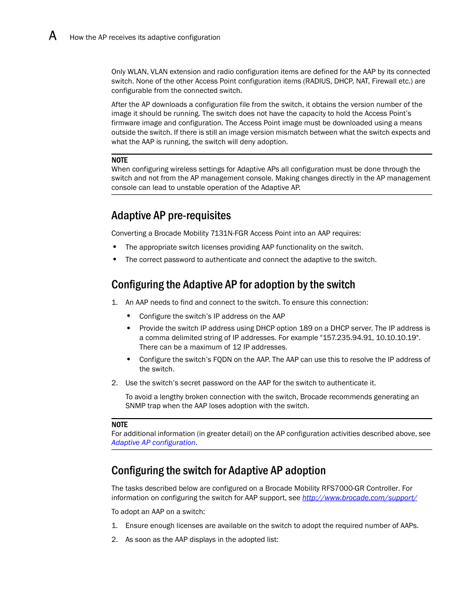 Adaptive ap pre-requisites, Configuring the switch for adaptive ap adoption | Brocade Mobility RFS7000-GR Controller System Reference Guide (Supporting software release 4.1.0.0-040GR and later) User Manual | Page 510 / 556