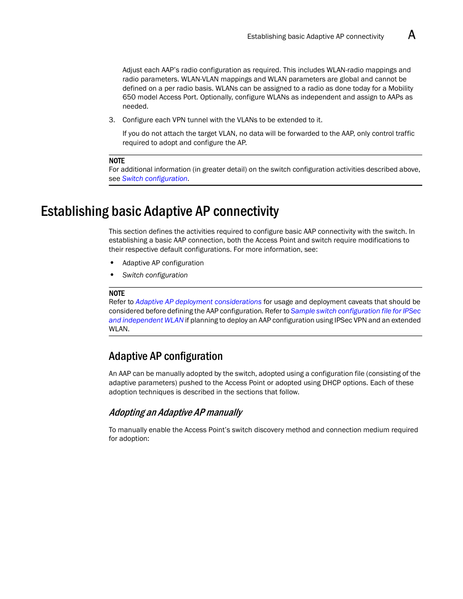 Establishing basic adaptive ap connectivity, Adaptive ap configuration, Adopting an adaptive ap manually | Brocade Mobility RFS7000-GR Controller System Reference Guide (Supporting software release 4.1.0.0-040GR and later) User Manual | Page 511 / 556