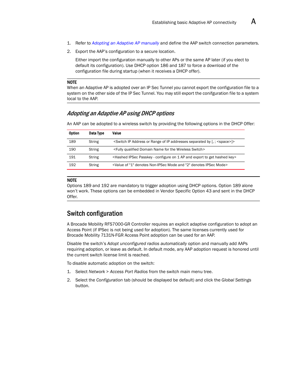 Switch configuration, Adopting an adaptive ap using dhcp options | Brocade Mobility RFS7000-GR Controller System Reference Guide (Supporting software release 4.1.0.0-040GR and later) User Manual | Page 513 / 556