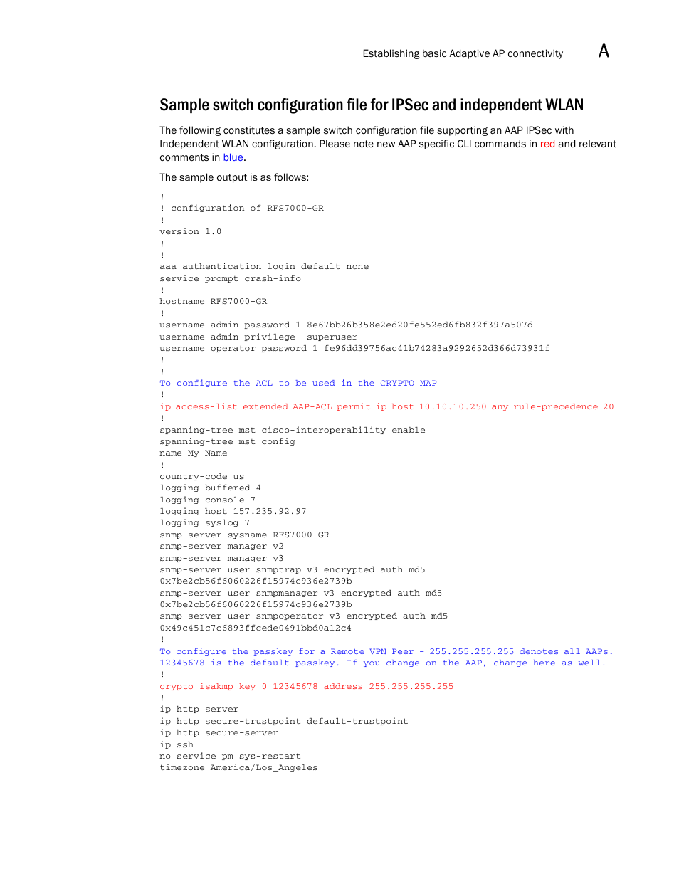 Sample switch configuration file for ipsec and, Independent wlan, Sample switch configuration file for ipsec | And independent wlan | Brocade Mobility RFS7000-GR Controller System Reference Guide (Supporting software release 4.1.0.0-040GR and later) User Manual | Page 517 / 556