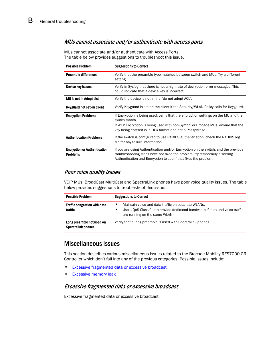 Miscellaneous issues, Poor voice quality issues, Excessive fragmented data or excessive broadcast | Brocade Mobility RFS7000-GR Controller System Reference Guide (Supporting software release 4.1.0.0-040GR and later) User Manual | Page 526 / 556