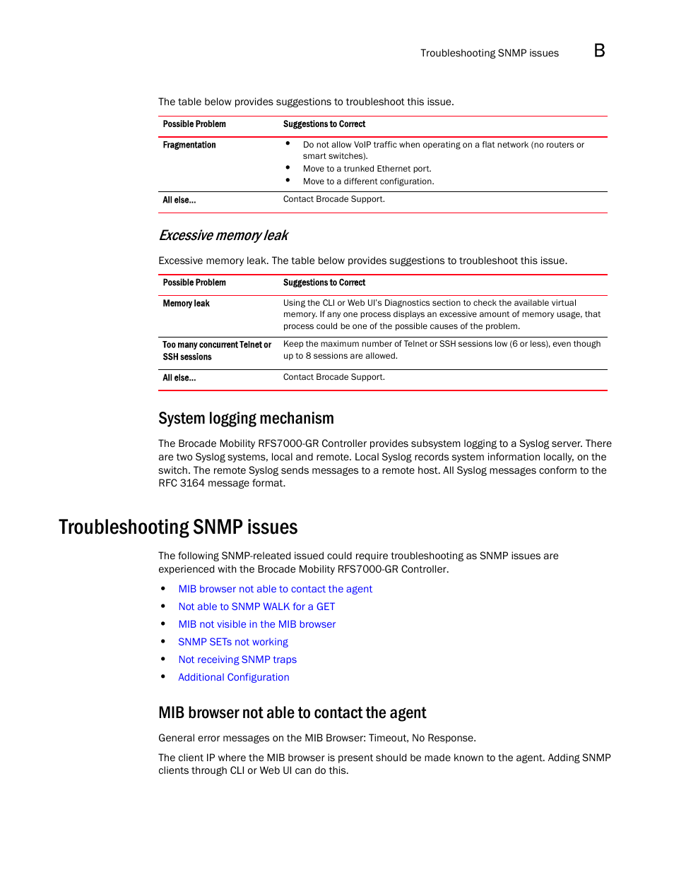 System logging mechanism, Troubleshooting snmp issues, Mib browser not able to contact the agent | Brocade Mobility RFS7000-GR Controller System Reference Guide (Supporting software release 4.1.0.0-040GR and later) User Manual | Page 527 / 556