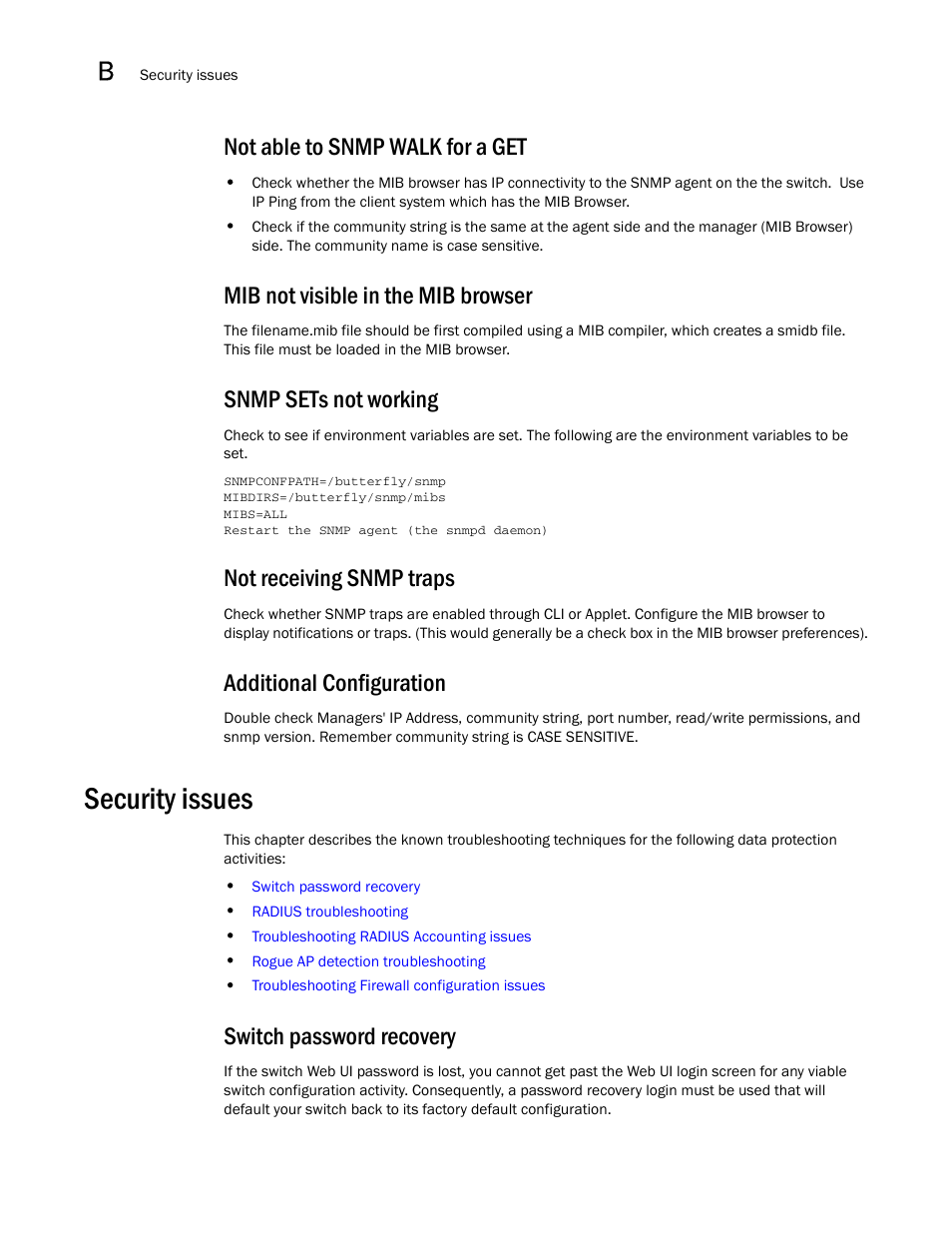 Not able to snmp walk for a get, Mib not visible in the mib browser, Snmp sets not working | Not receiving snmp traps, Additional configuration, Security issues, Switch password recovery | Brocade Mobility RFS7000-GR Controller System Reference Guide (Supporting software release 4.1.0.0-040GR and later) User Manual | Page 528 / 556