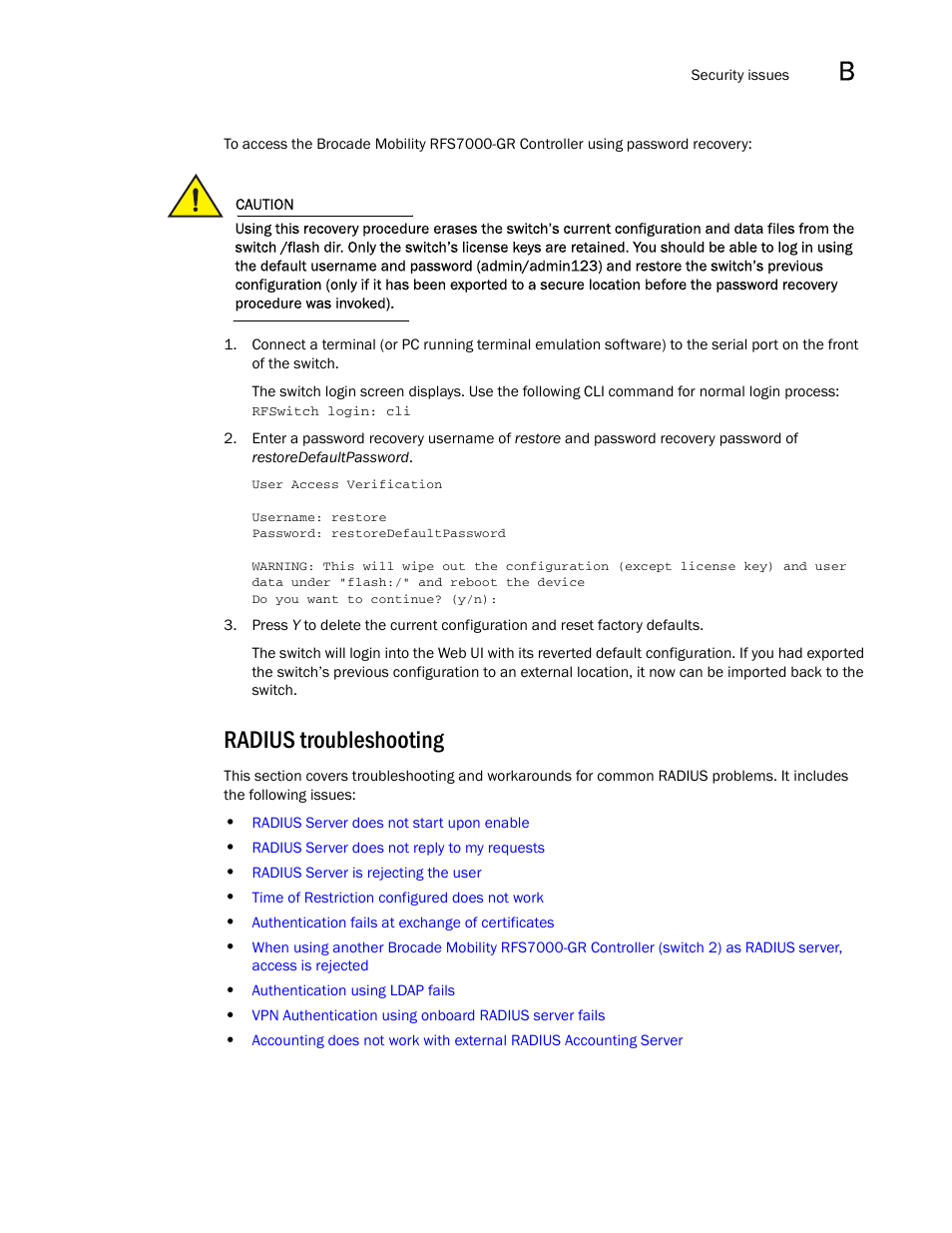 Radius troubleshooting | Brocade Mobility RFS7000-GR Controller System Reference Guide (Supporting software release 4.1.0.0-040GR and later) User Manual | Page 529 / 556