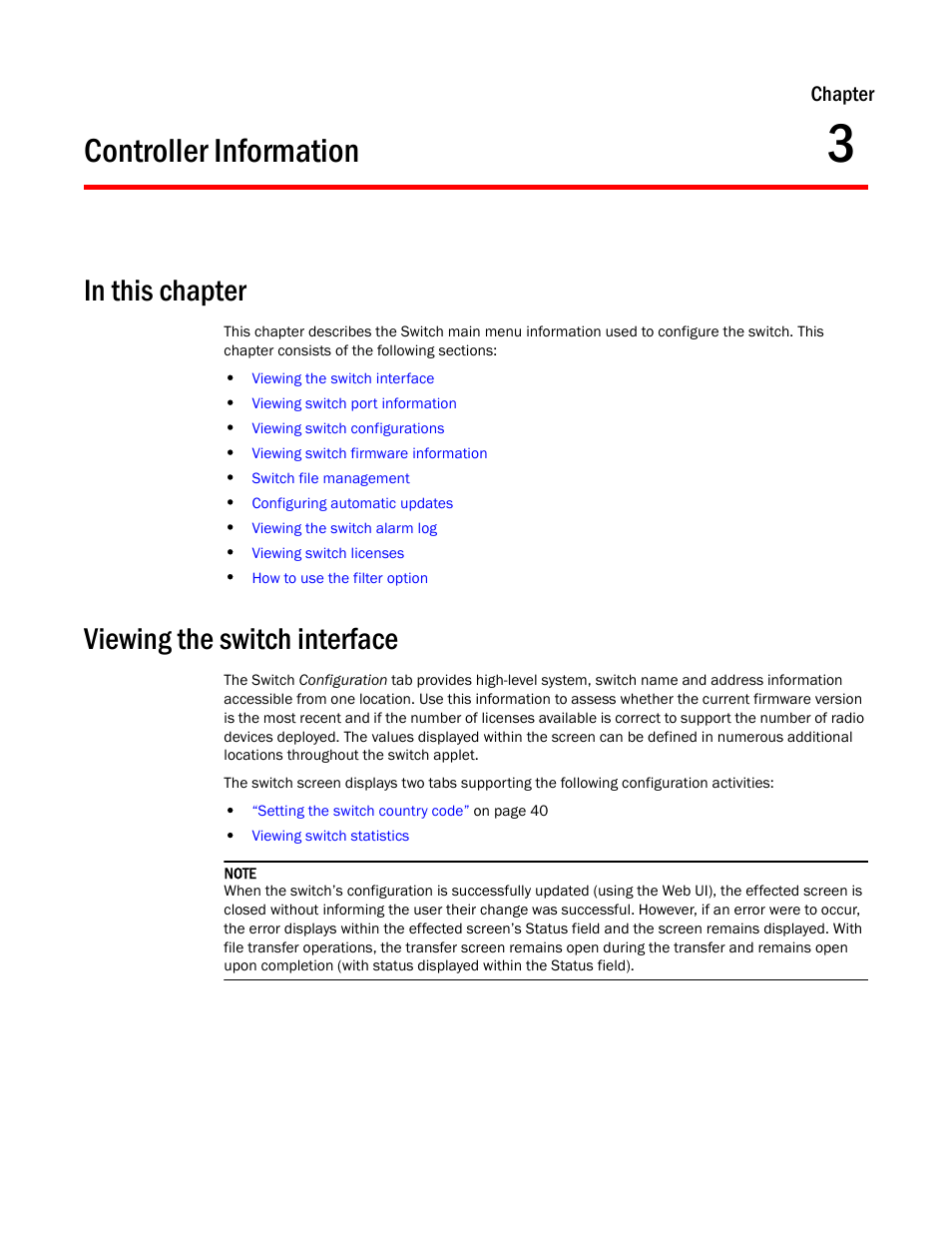 Controller information, In this chapter, Viewing the switch interface | 3 controller information, In this chapter viewing the switch interface | Brocade Mobility RFS7000-GR Controller System Reference Guide (Supporting software release 4.1.0.0-040GR and later) User Manual | Page 53 / 556