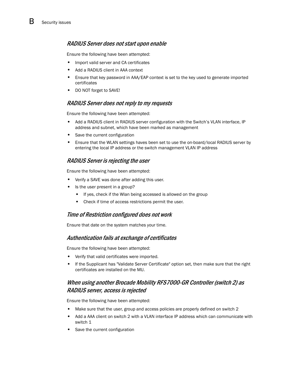 Radius server does not start upon enable, Radius server does not reply to my requests, Radius server is rejecting the user | Time of restriction configured does not work, Authentication fails at exchange of certificates | Brocade Mobility RFS7000-GR Controller System Reference Guide (Supporting software release 4.1.0.0-040GR and later) User Manual | Page 530 / 556