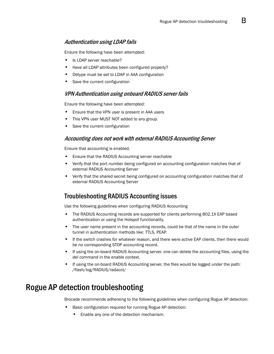 Troubleshooting radius accounting issues, Rogue ap detection troubleshooting, Authentication using ldap fails | Brocade Mobility RFS7000-GR Controller System Reference Guide (Supporting software release 4.1.0.0-040GR and later) User Manual | Page 531 / 556