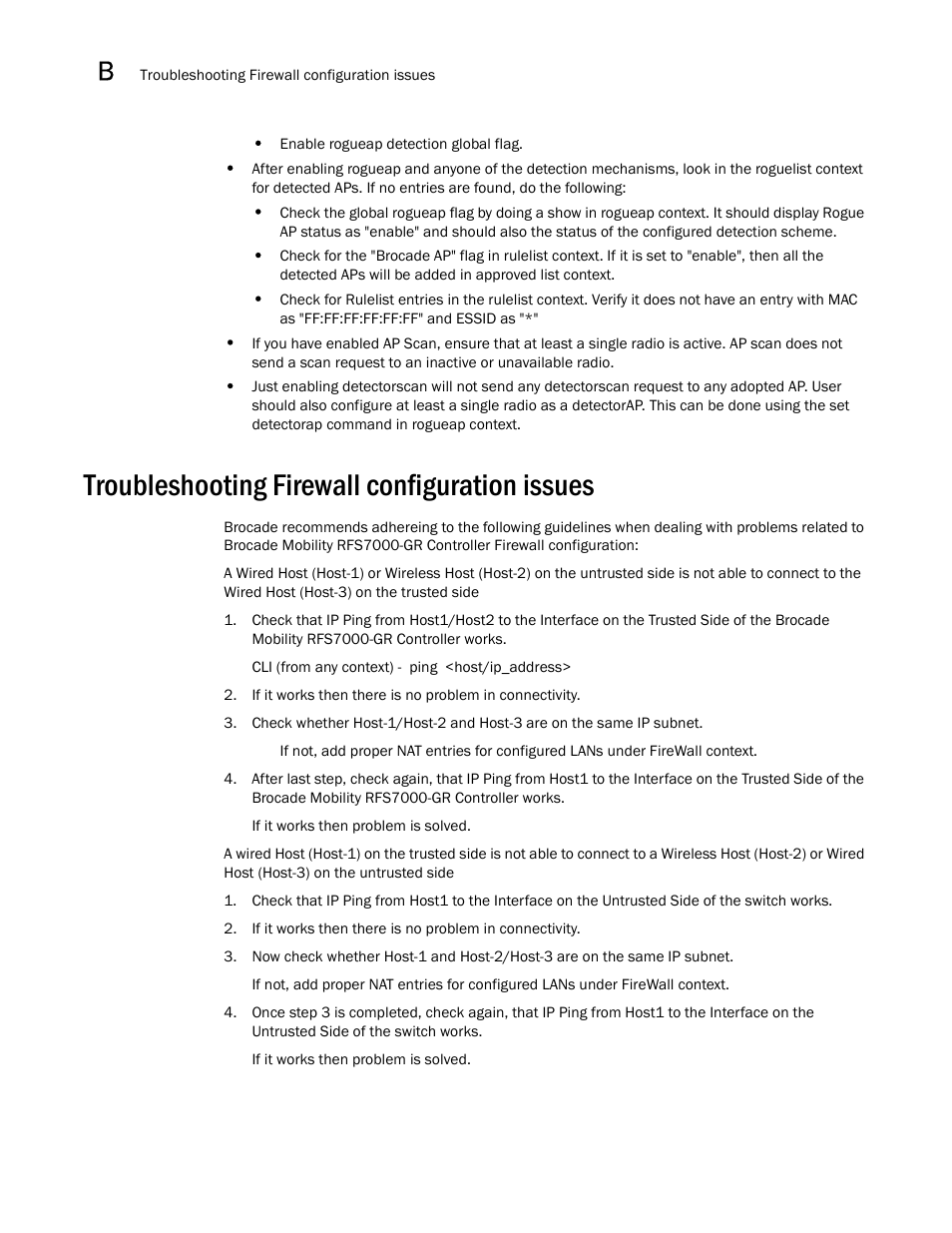 Troubleshooting firewall configuration issues | Brocade Mobility RFS7000-GR Controller System Reference Guide (Supporting software release 4.1.0.0-040GR and later) User Manual | Page 532 / 556