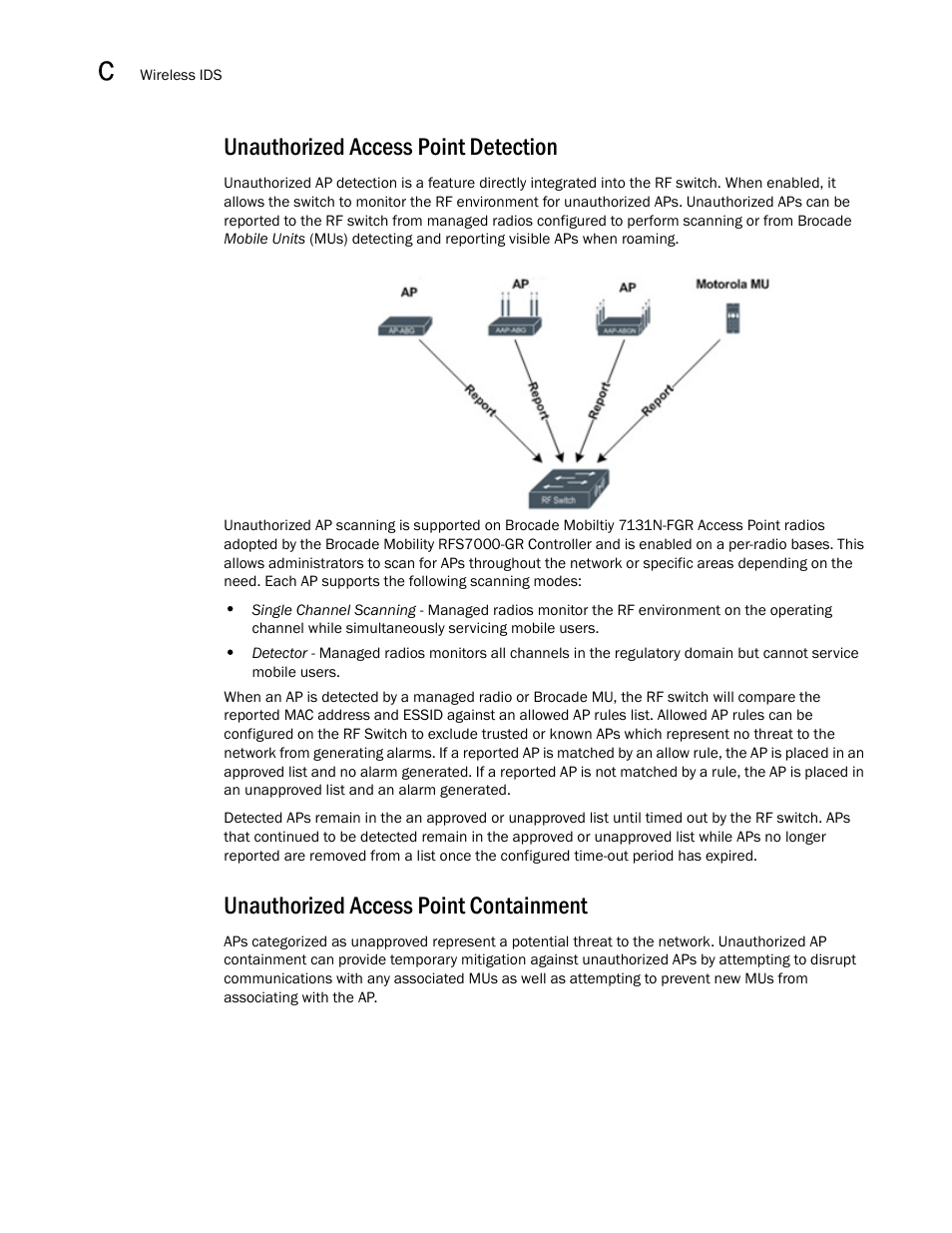 Unauthorized access point detection, Unauthorized access point containment | Brocade Mobility RFS7000-GR Controller System Reference Guide (Supporting software release 4.1.0.0-040GR and later) User Manual | Page 536 / 556