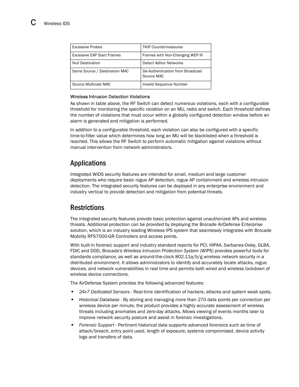 Applications, Restrictions, Applications restrictions | Brocade Mobility RFS7000-GR Controller System Reference Guide (Supporting software release 4.1.0.0-040GR and later) User Manual | Page 538 / 556