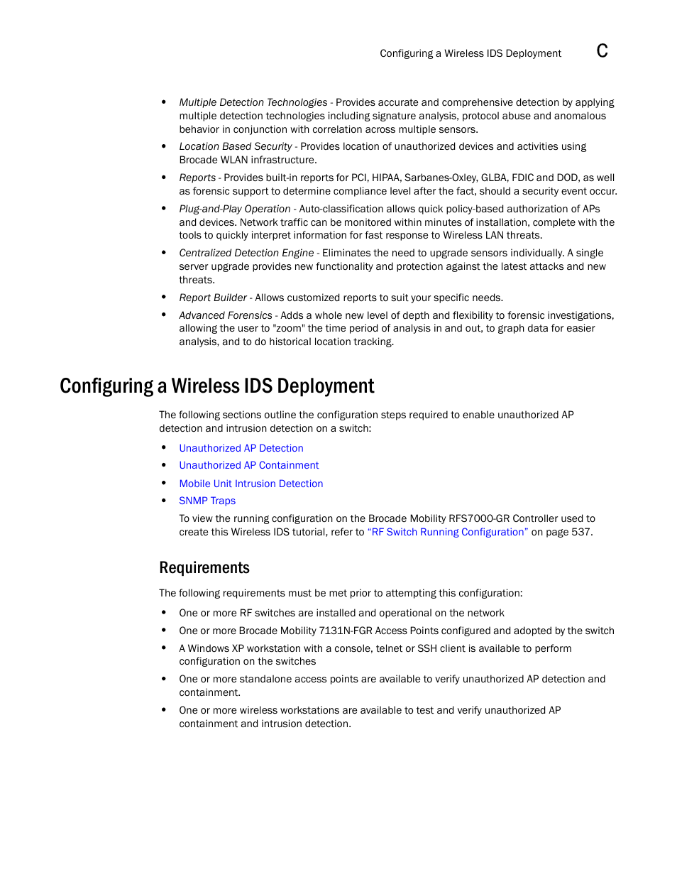 Configuring a wireless ids deployment, Requirements | Brocade Mobility RFS7000-GR Controller System Reference Guide (Supporting software release 4.1.0.0-040GR and later) User Manual | Page 539 / 556