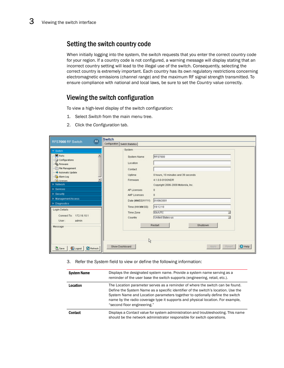 Setting the switch country code, Viewing the switch configuration | Brocade Mobility RFS7000-GR Controller System Reference Guide (Supporting software release 4.1.0.0-040GR and later) User Manual | Page 54 / 556