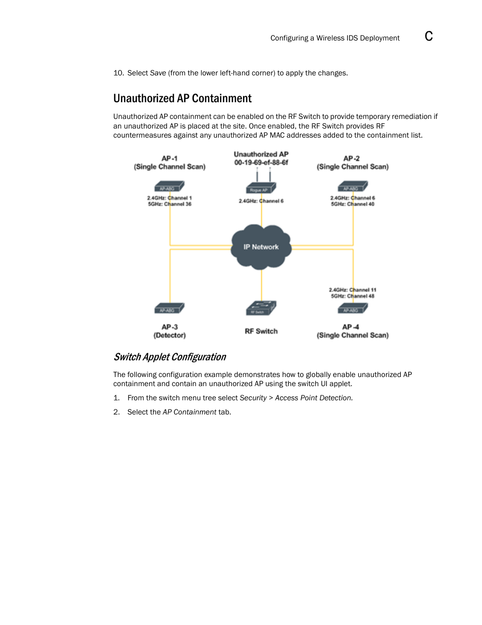 Unauthorized ap containment, Switch applet configuration | Brocade Mobility RFS7000-GR Controller System Reference Guide (Supporting software release 4.1.0.0-040GR and later) User Manual | Page 543 / 556