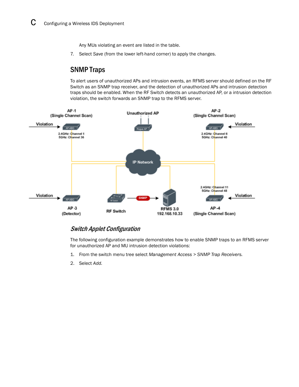 Snmp traps, Switch applet configuration | Brocade Mobility RFS7000-GR Controller System Reference Guide (Supporting software release 4.1.0.0-040GR and later) User Manual | Page 548 / 556