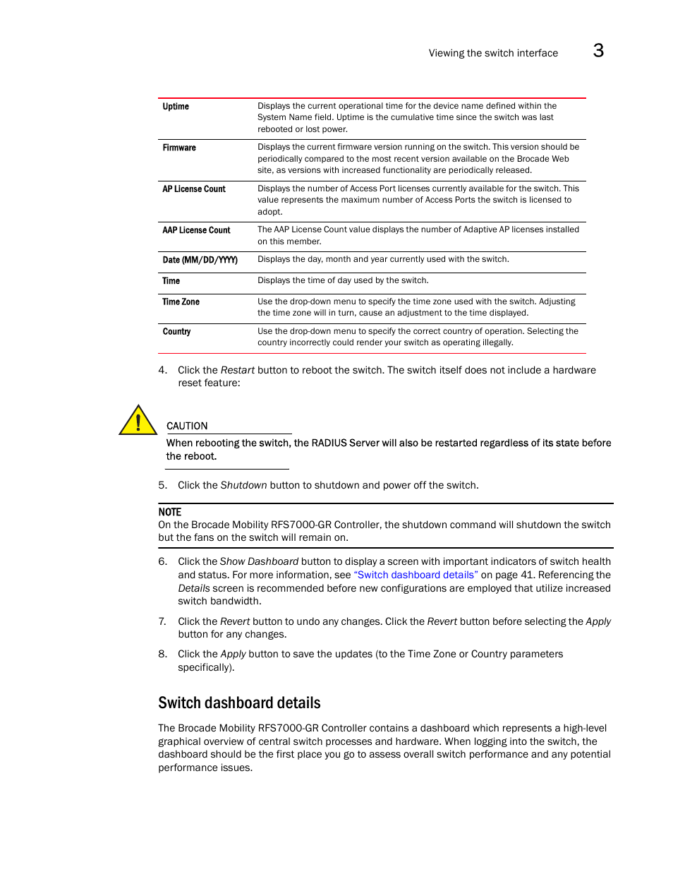 Switch dashboard details | Brocade Mobility RFS7000-GR Controller System Reference Guide (Supporting software release 4.1.0.0-040GR and later) User Manual | Page 55 / 556