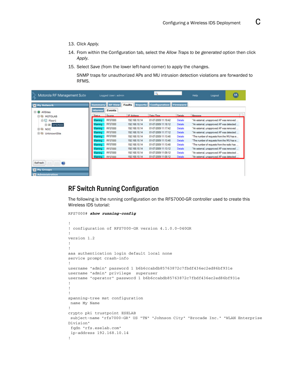 Rf switch running configuration | Brocade Mobility RFS7000-GR Controller System Reference Guide (Supporting software release 4.1.0.0-040GR and later) User Manual | Page 551 / 556