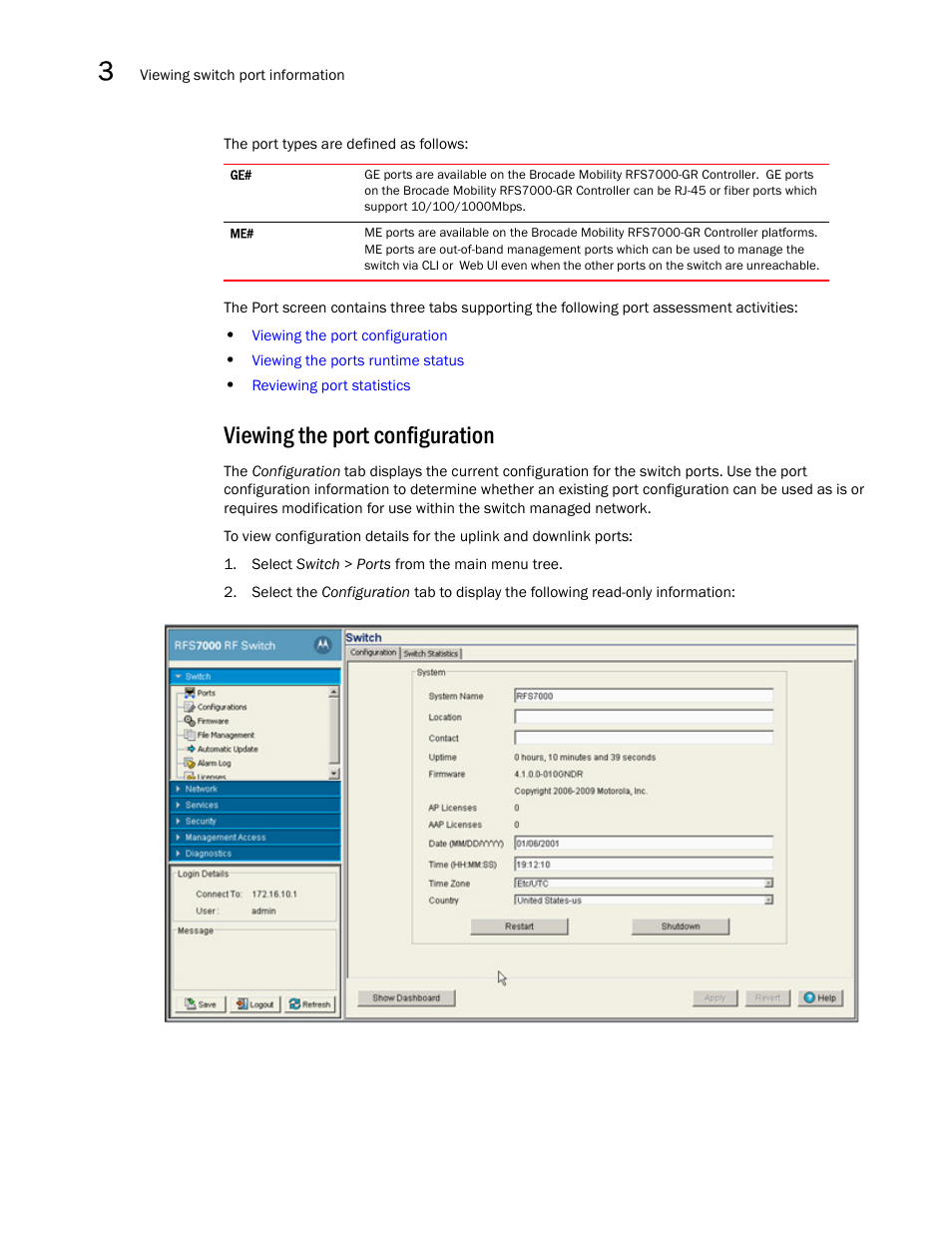 Viewing the port configuration | Brocade Mobility RFS7000-GR Controller System Reference Guide (Supporting software release 4.1.0.0-040GR and later) User Manual | Page 60 / 556