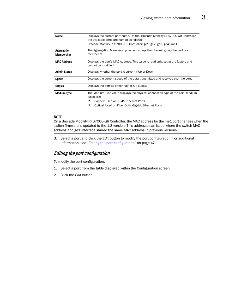 Editing the port configuration | Brocade Mobility RFS7000-GR Controller System Reference Guide (Supporting software release 4.1.0.0-040GR and later) User Manual | Page 61 / 556