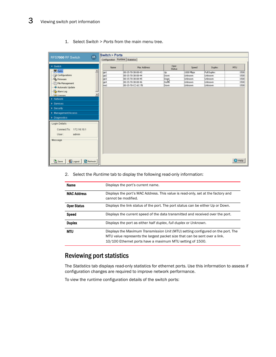 Reviewing port statistics | Brocade Mobility RFS7000-GR Controller System Reference Guide (Supporting software release 4.1.0.0-040GR and later) User Manual | Page 64 / 556