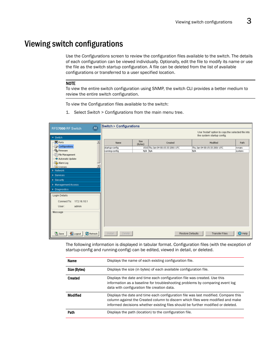 Viewing switch configurations | Brocade Mobility RFS7000-GR Controller System Reference Guide (Supporting software release 4.1.0.0-040GR and later) User Manual | Page 69 / 556