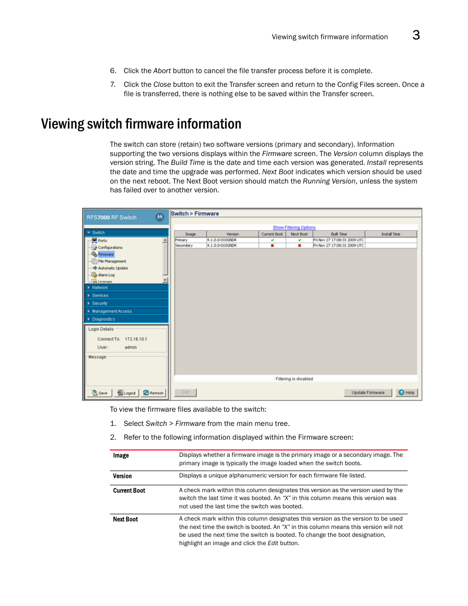 Viewing switch firmware information | Brocade Mobility RFS7000-GR Controller System Reference Guide (Supporting software release 4.1.0.0-040GR and later) User Manual | Page 73 / 556