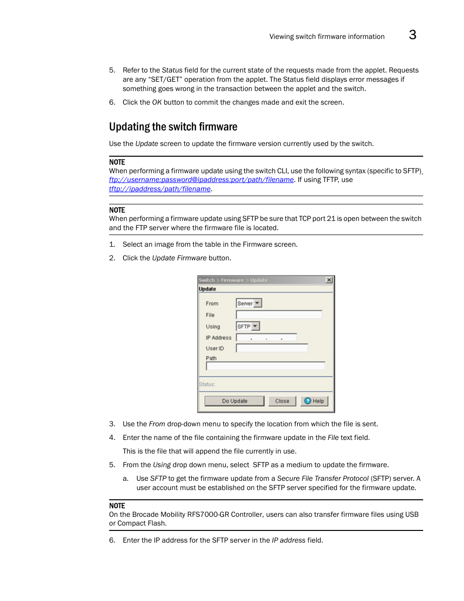 Updating the switch firmware | Brocade Mobility RFS7000-GR Controller System Reference Guide (Supporting software release 4.1.0.0-040GR and later) User Manual | Page 75 / 556