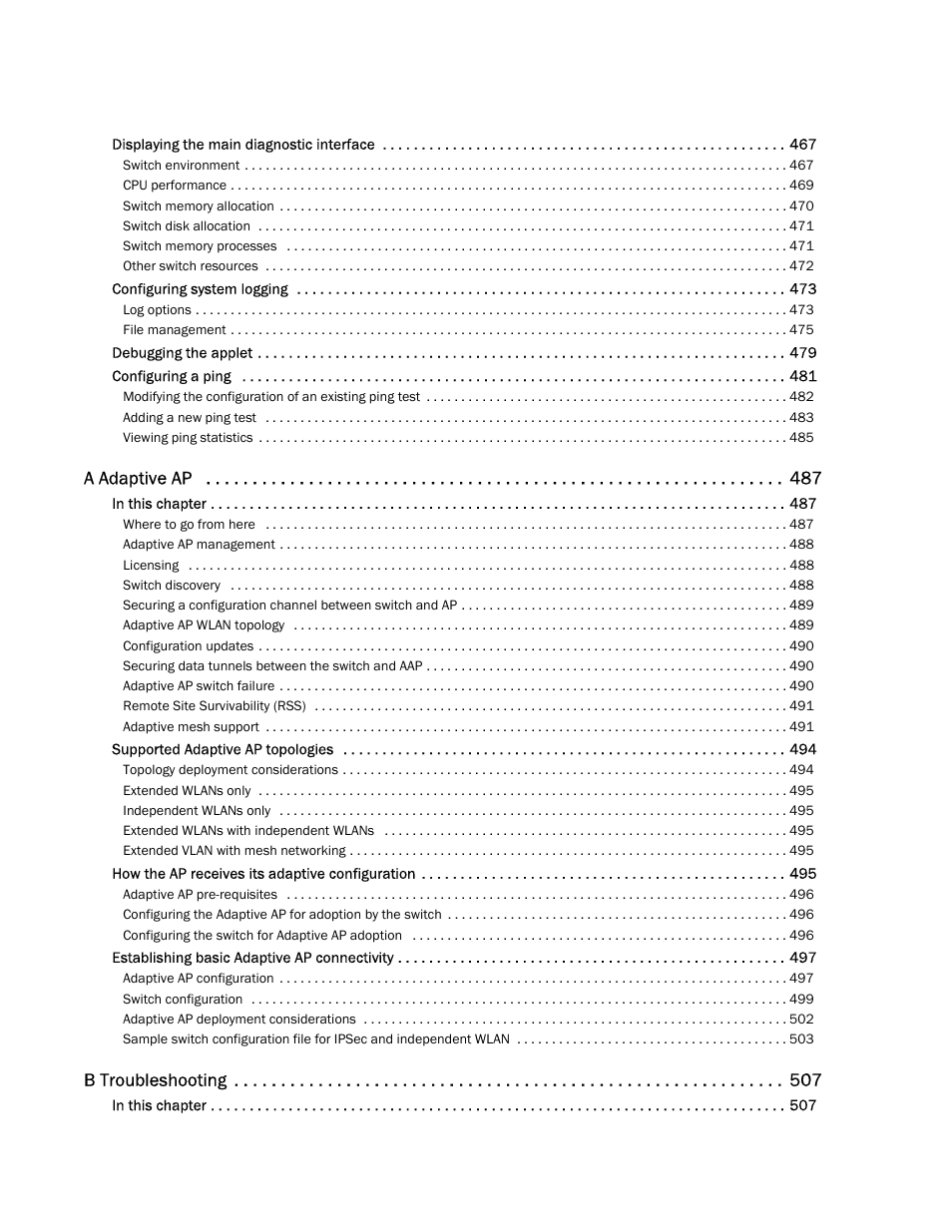 A adaptive ap, B troubleshooting | Brocade Mobility RFS7000-GR Controller System Reference Guide (Supporting software release 4.1.0.0-040GR and later) User Manual | Page 8 / 556