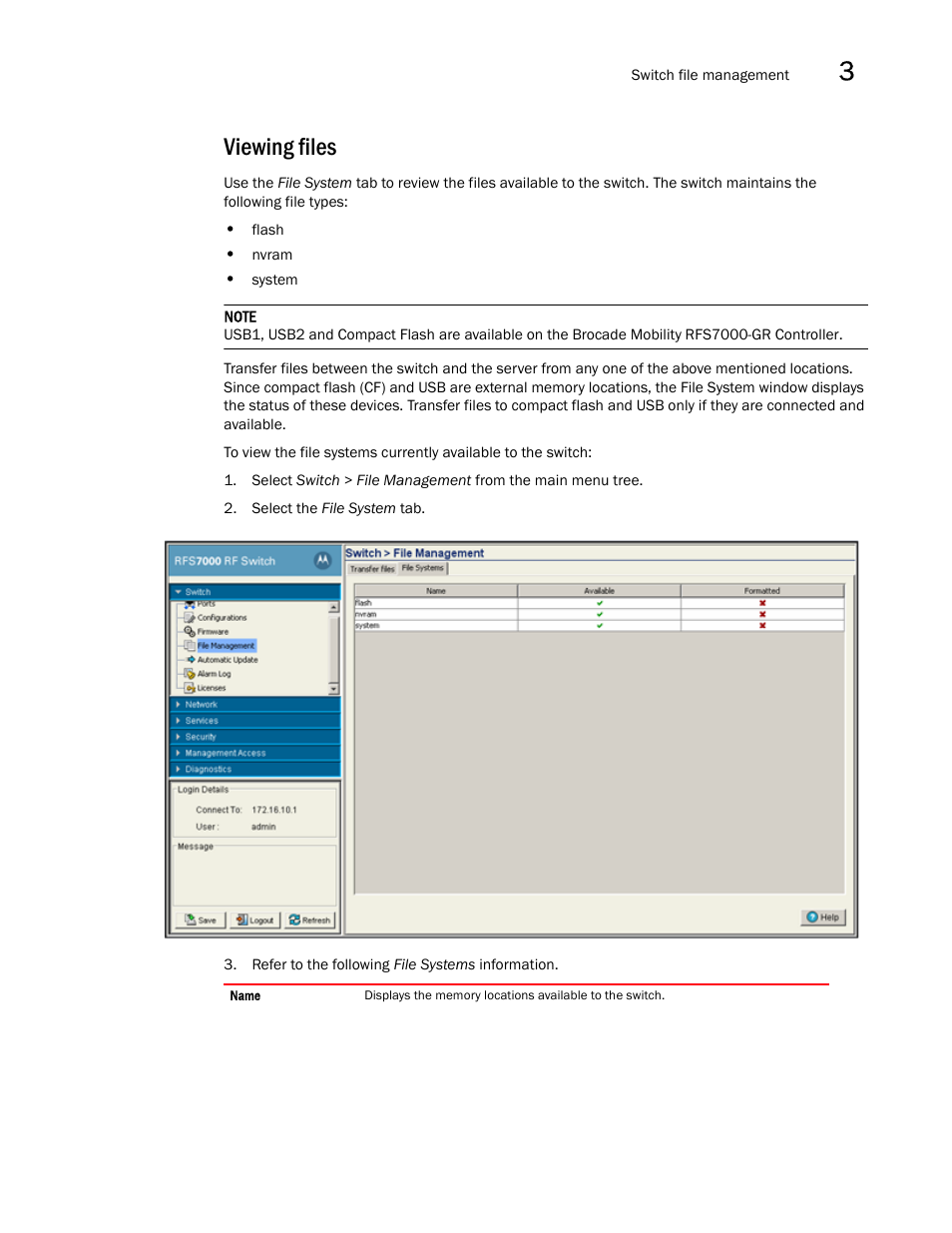 Viewing files | Brocade Mobility RFS7000-GR Controller System Reference Guide (Supporting software release 4.1.0.0-040GR and later) User Manual | Page 81 / 556