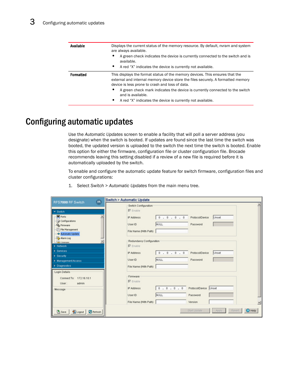 Configuring automatic updates | Brocade Mobility RFS7000-GR Controller System Reference Guide (Supporting software release 4.1.0.0-040GR and later) User Manual | Page 82 / 556