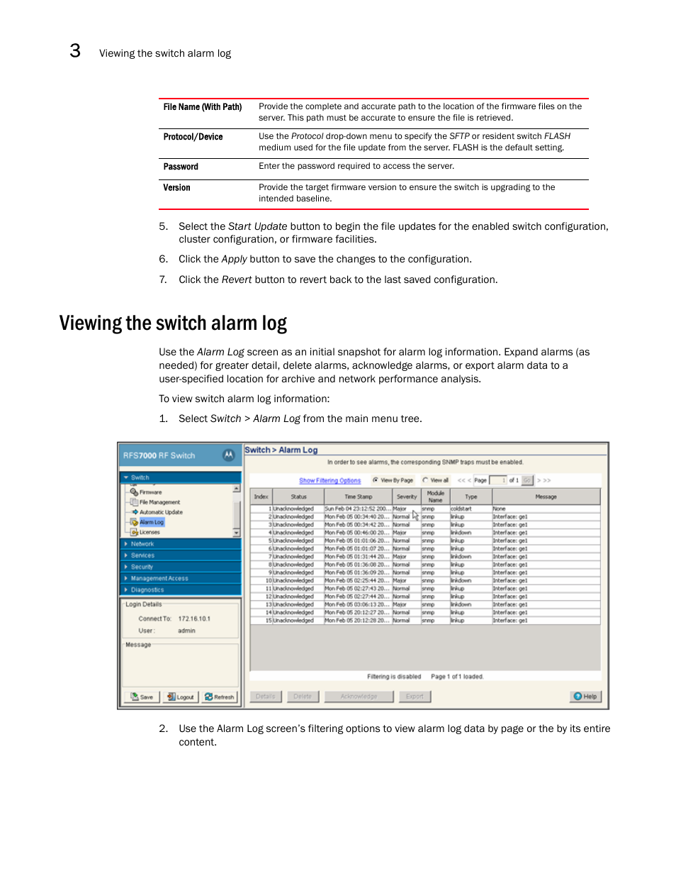 Viewing the switch alarm log | Brocade Mobility RFS7000-GR Controller System Reference Guide (Supporting software release 4.1.0.0-040GR and later) User Manual | Page 84 / 556