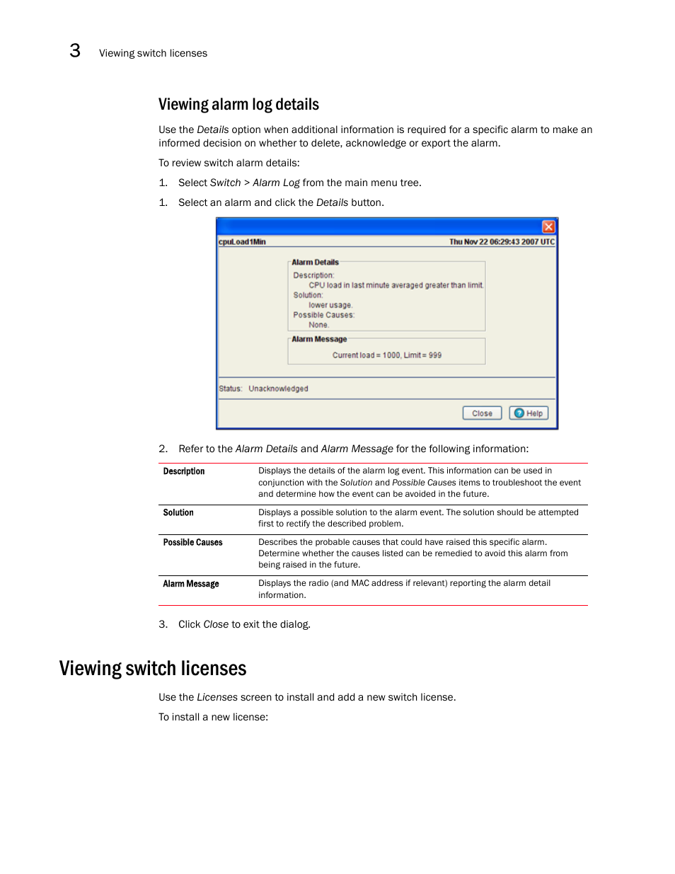 Viewing alarm log details, Viewing switch licenses | Brocade Mobility RFS7000-GR Controller System Reference Guide (Supporting software release 4.1.0.0-040GR and later) User Manual | Page 86 / 556