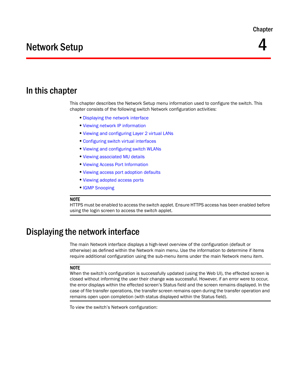 Network setup, In this chapter, Displaying the network interface | 4 network setup, In this chapter displaying the network interface | Brocade Mobility RFS7000-GR Controller System Reference Guide (Supporting software release 4.1.0.0-040GR and later) User Manual | Page 89 / 556