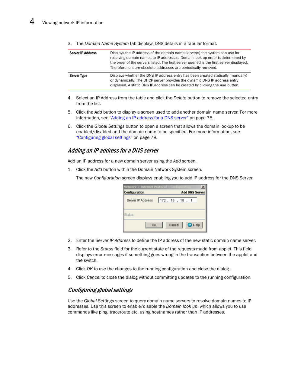 Adding an ip address for a dns server, Configuring global settings | Brocade Mobility RFS7000-GR Controller System Reference Guide (Supporting software release 4.1.0.0-040GR and later) User Manual | Page 92 / 556